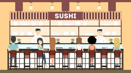 Sushi bar interior. Asian chefs and waitresses.のイラスト素材