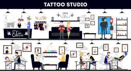 tattoo studio interior design, tattoo masters and customers. vector illustration.のイラスト素材