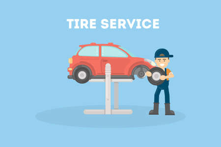 Tire service flat designe vector illustration on blue baackground.のイラスト素材