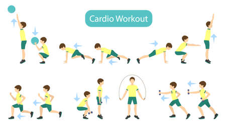 Exercises for kids set. Workout for boy. Cardio exercises with weights, jumping rope and ball. Healthy lifestyle for children.のイラスト素材