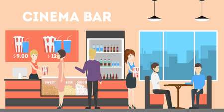Cinema interior bar. Screen and rows with audience, tickets and posters, cinema bar. isolated icons on white background.のイラスト素材