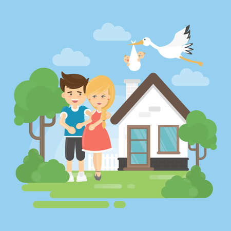 Expecting the baby. Happy couple with pregnant woman expect a stork with baby.のイラスト素材