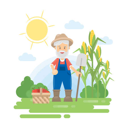 Farmer with harvest. Green landscape with corn and basket with vegetables. Old man with grey hair and beard.のイラスト素材