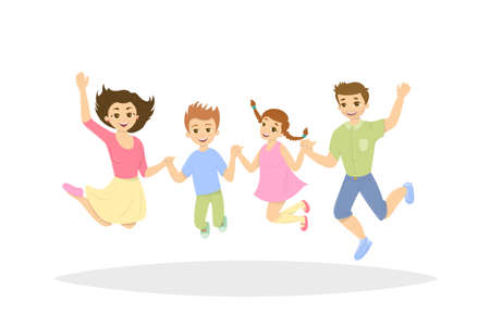 Isolated jumping family. Parents with children jump in happiness and enjoyment.のイラスト素材
