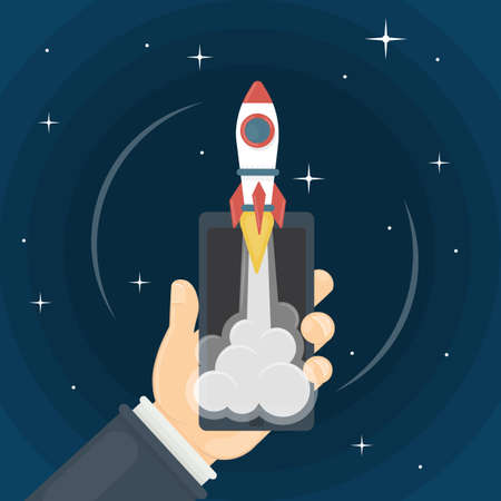 Rocket in smartphone. Hand holds phone with red rocket on the screen. Concept of launching.