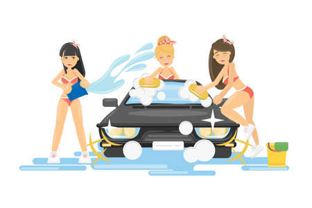 Girls wash the car. Sexy beautiful girls in bikini wash the car with soap and sponge.のイラスト素材