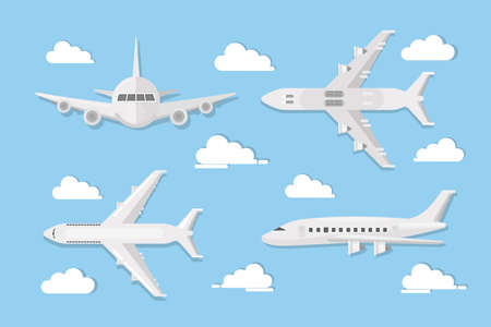 Airplanes in sky set. White planes on front view, side view and more in the sky background with clouds.のイラスト素材
