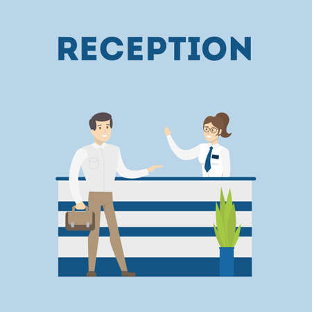 Reception in bank. Female bank worker welcomes male visitor.のイラスト素材