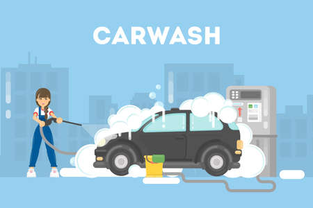 Car washing service. Funny woman in uniform washes red car with soap and water.のイラスト素材