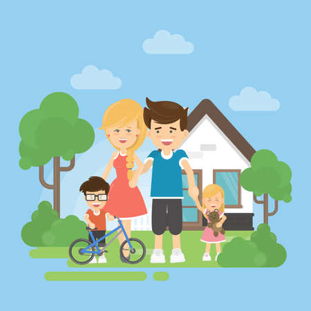 Happy family with house. Parents with son and dauhter stands near the home. Boy with bycicle.のイラスト素材