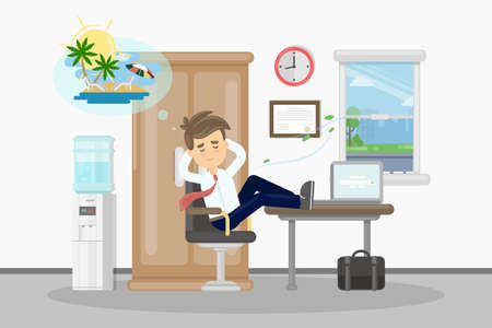 Man wants on vacation. Businessman at office drams of vacation at summer on the beach.のイラスト素材