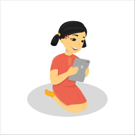 Girl with gadgets on white background. Girl with tablet. Computer addiction.のイラスト素材