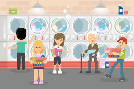 People in laundry serice. Men and women wash their clothes in washing machines.のイラスト素材