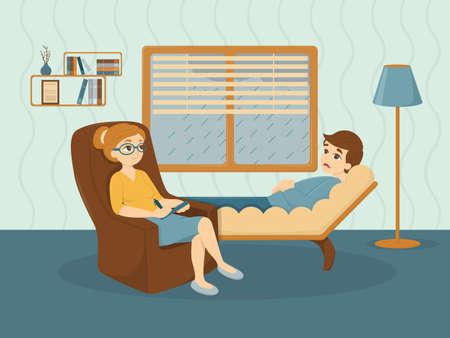 Therapy at psychologist. Male patient tells the problem to female doctor i the cabinet.のイラスト素材