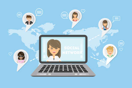 Social network connection. Laptop and map. People communicate in the whole world.