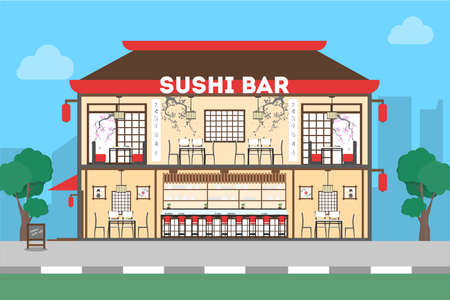 Sushi bar restaurant. Oriental exterior for exotic food.のイラスト素材