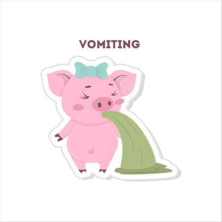 Isolated vomiting pig. Cute funny character on white background.のイラスト素材