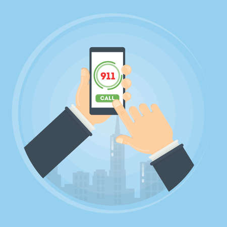 Call the ambulance. Person holds smartphone and calls the first aid. 911 rescue.のイラスト素材