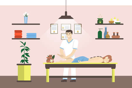 Massage in the spa salon. Man does massage for woman in beautiful office.のイラスト素材