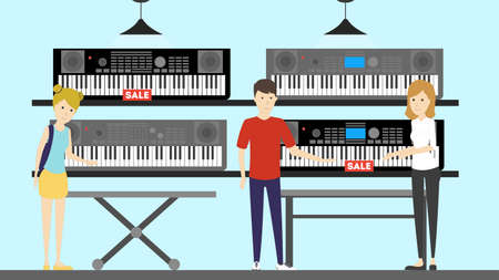 Musical instruments store interior. Keyboards and salesperson.のイラスト素材