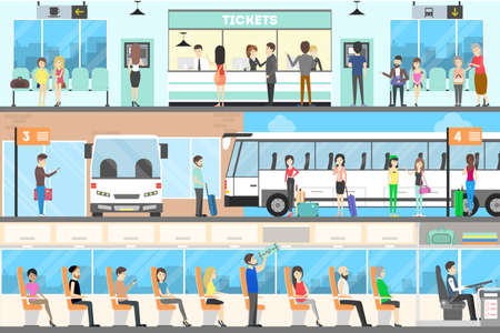 Bus interior set. Seat in the bus, bus stop and buying tickets.のイラスト素材