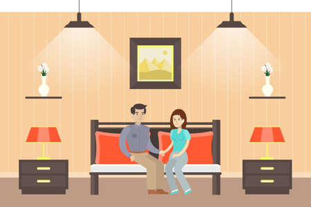 People in hotel room. Young couple with luggage.のイラスト素材