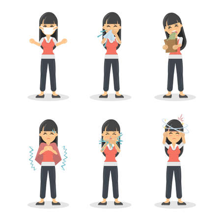 Woman with symptoms set on white background. Cold, vomiting, headache and more.のイラスト素材