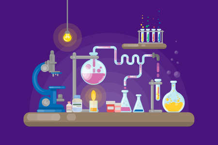 Science laboratory on purple background. Tubes and lamps.のイラスト素材