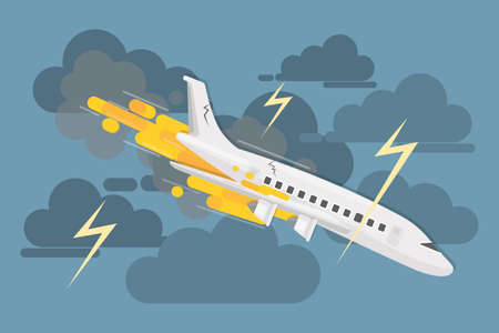 Airplane crash in clouds. Dangerous catastrophy with flame.のイラスト素材