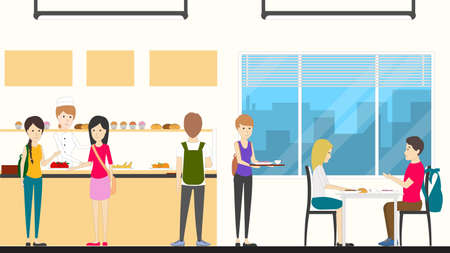 Canteen in school. Kids taking food and eating.のイラスト素材