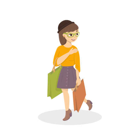 Girl goes for shopping. Beautiful woman with shopping bags.のイラスト素材