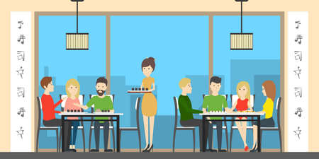 Sushi bar interior set. oriental style. Bar, tables and kitchen. Asian chefs and waitresses.のイラスト素材