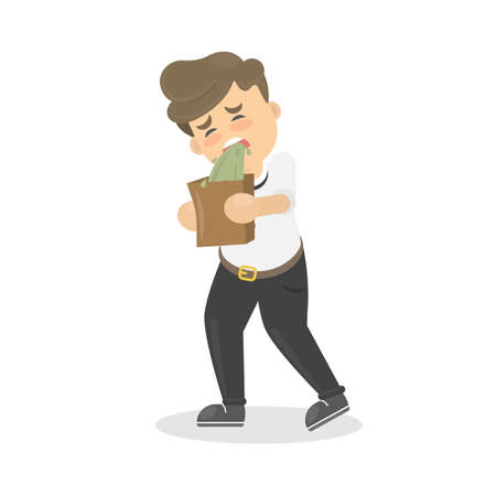 Isolated man vomits. Cartoon character on white background.のイラスト素材