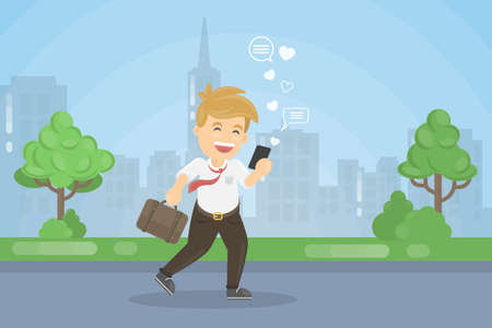 Chatting in social networks. Businessman with case in the park.のイラスト素材