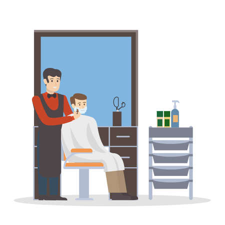 Man at barbershop. Hairdresser with visitor in the barber salon.のイラスト素材