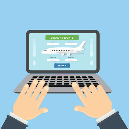 Flight ticket search. Hands typing on laptop for online booking.のイラスト素材