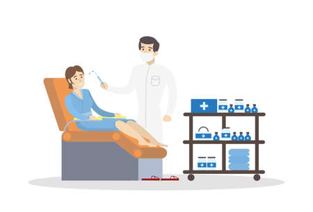 Woman at cosmetologist. Male beauty doctor with patient and injection on white background.のイラスト素材