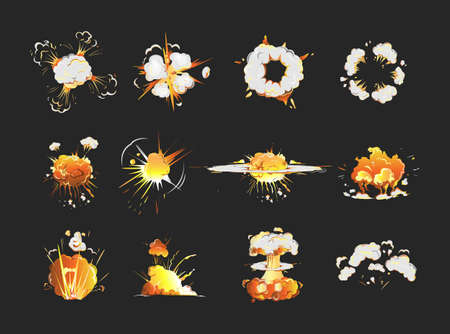 Explosion icons set on black background. Cartoon comic boom effects.のイラスト素材
