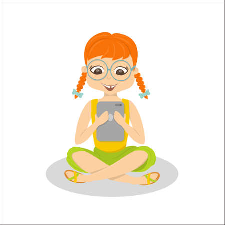 Girl with gadgets on white background. Girl with tablet. Computer addiction.のイラスト素材