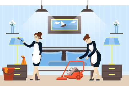 Hotel room cleaning service. Maids in unifrom clean the rom.のイラスト素材