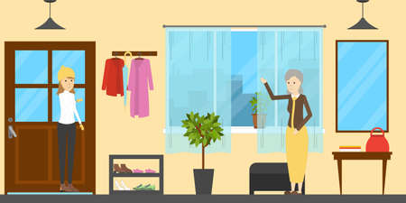 Hallway in house. Grandma greets the niece at the lobby.のイラスト素材