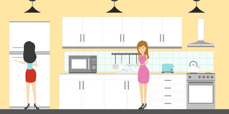 Kitchen in house with two women residenting.のイラスト素材