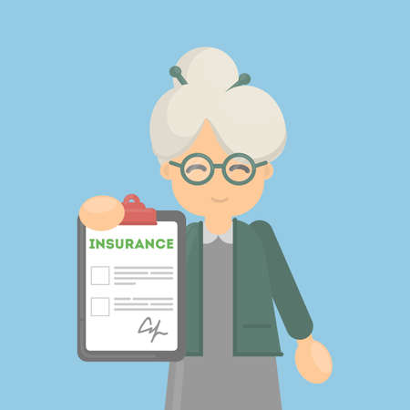 Old woman approves insurance document. Health care or car, house or finance security.のイラスト素材