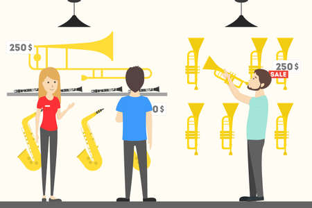 Musical instruments store interior. Tubes and salesperson.のイラスト素材