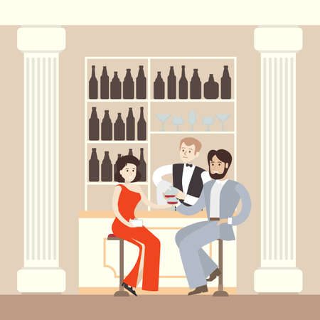 Couple in restaurant with waiter. Romantic date in the bar.のイラスト素材