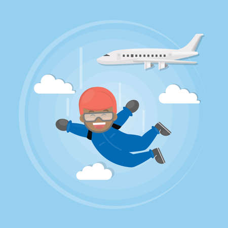 Skydiving active sport. African american man in uniform jumps off the plane with parachute.のイラスト素材