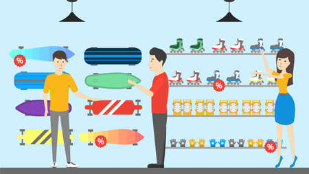 Sport store interior. Salespeople with visitors. Buying boardsのイラスト素材