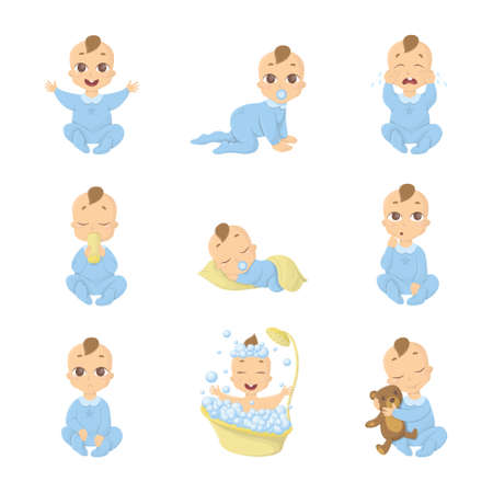 Baby emoji set. Funny cute cartoon character on white background. Boy in blue.のイラスト素材