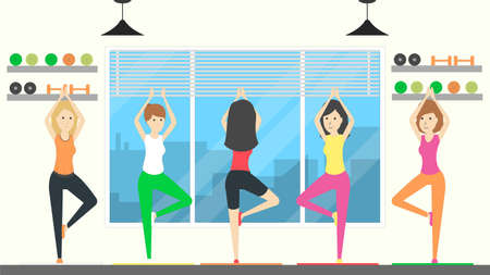 Yoga class training. Women do yoga in gym.のイラスト素材