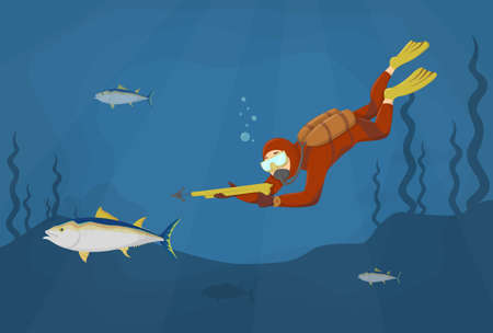 Diver with weapon. Underwater hunting or spearfishing.のイラスト素材